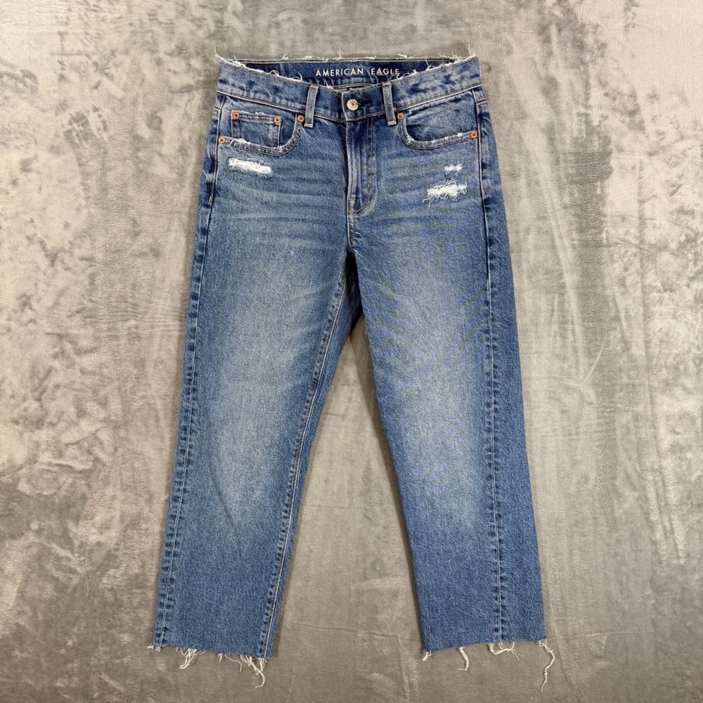 American Eagle High Rise Cropped Straight Jeans Women's 2 Reg Blue Distressed